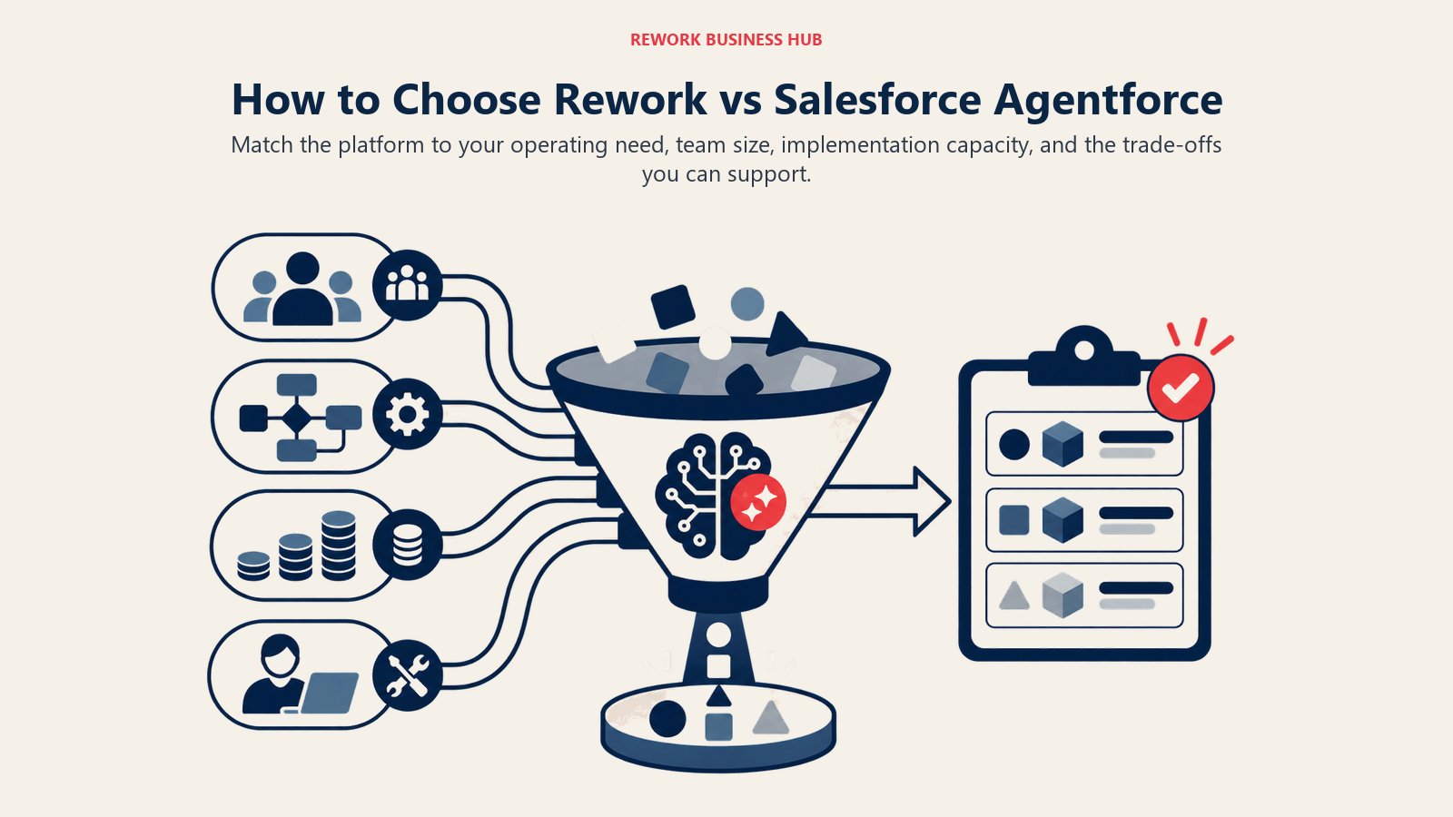 How to Choose Rework vs Salesforce Agentforce illustrated by a decision lens sorting team size, workflow depth, cost, and implementation capacity into a shortlist.