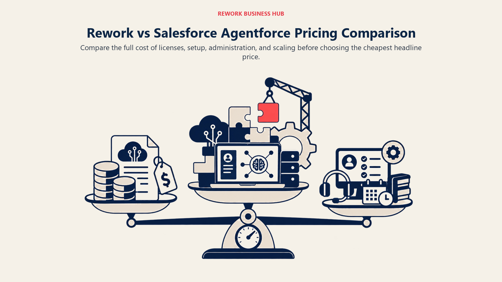 Rework vs Salesforce Agentforce Pricing Comparison illustrated by three cost layers balancing license, implementation, and administration weight.