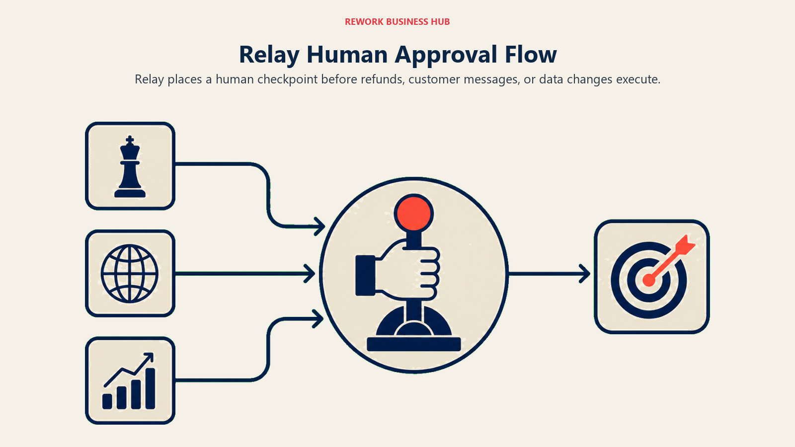 Relay Human Approval Flow illustrated by wide workflow with approval checkpoint