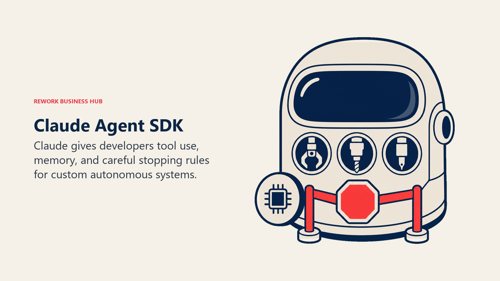 Claude Agent SDK illustrated by agent control capsule with tool ports and a stop gate