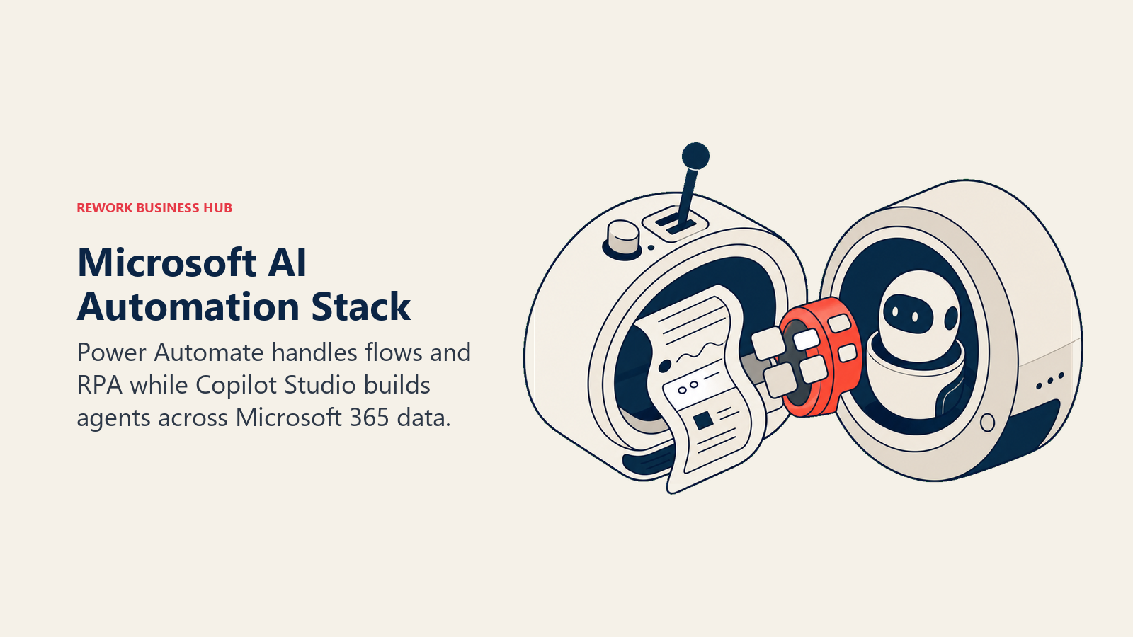 Microsoft AI Automation Stack illustrated with interlocking automation and agent cores