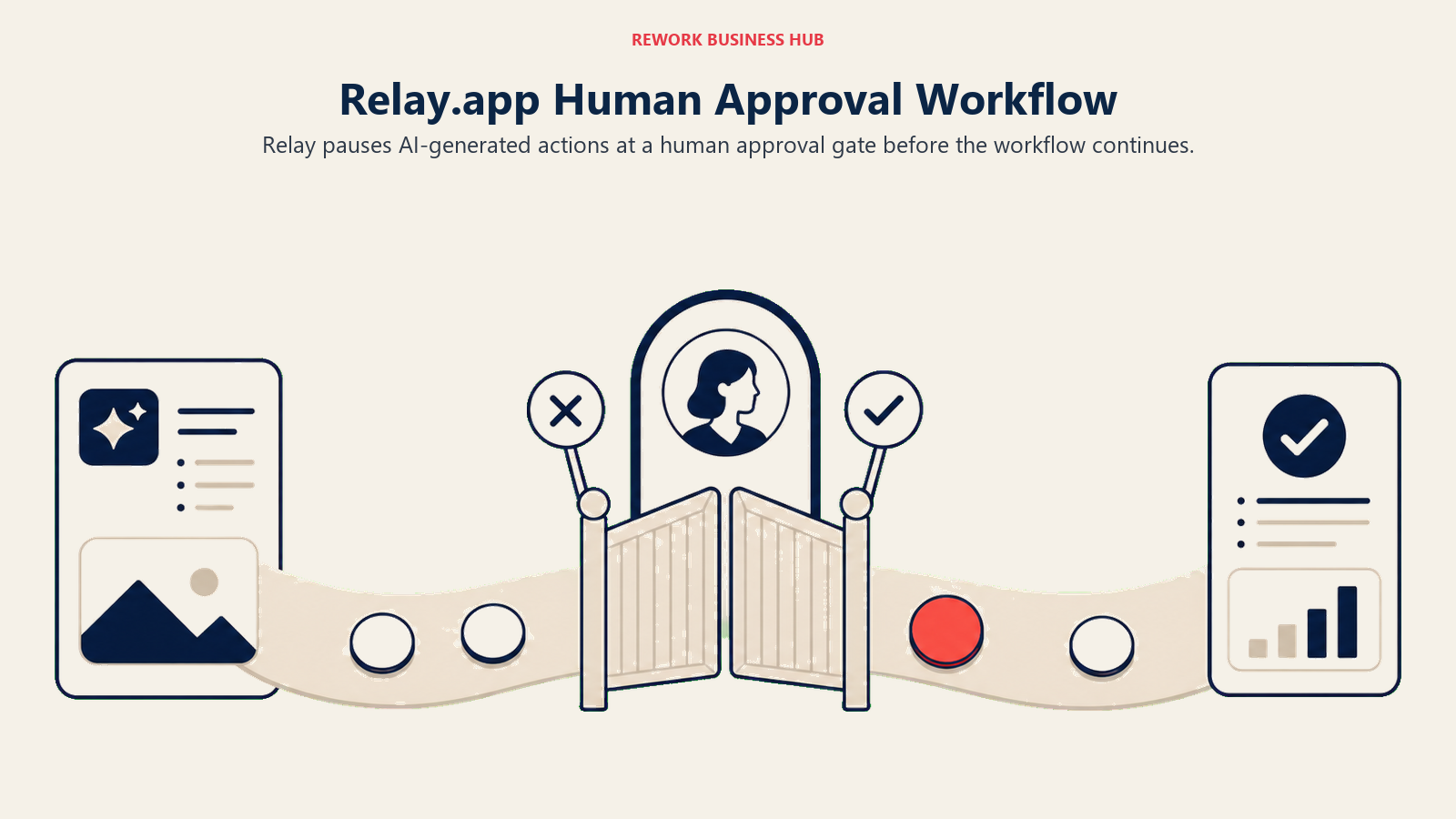 Relay.app Human Approval Workflow illustrated with approval checkpoint on a workflow ribbon