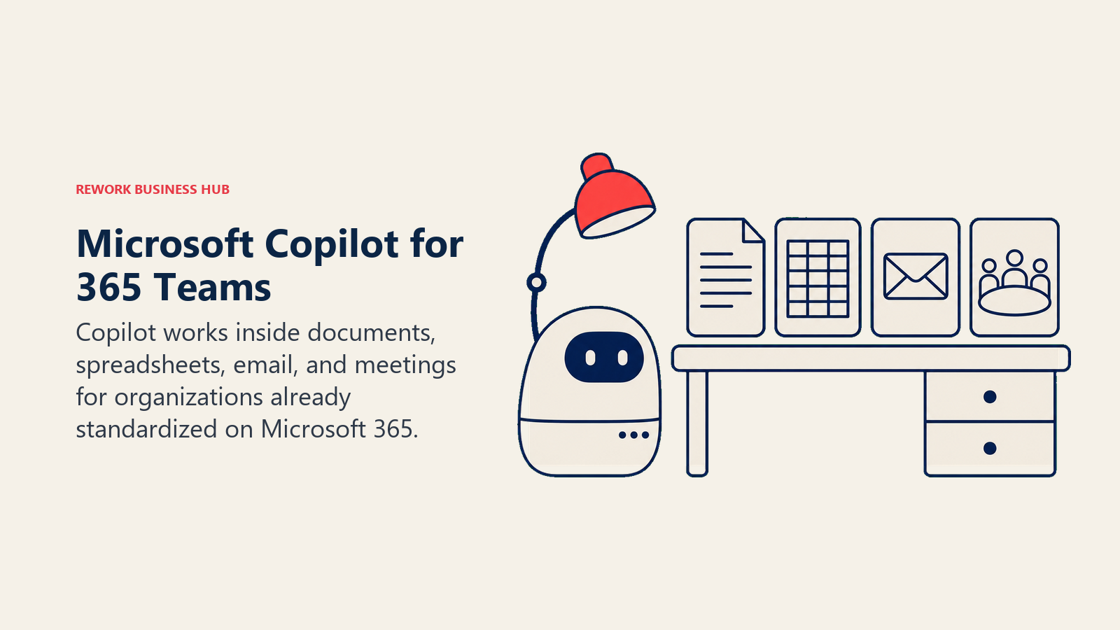 Copilot helper pod beside document, spreadsheet, email, and meeting artifacts