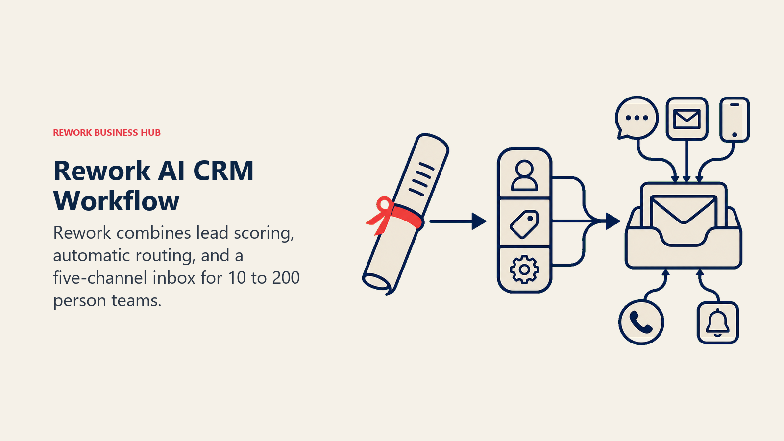 Rework AI CRM Workflow illustrated as lead relay into a unified multi-channel inbox