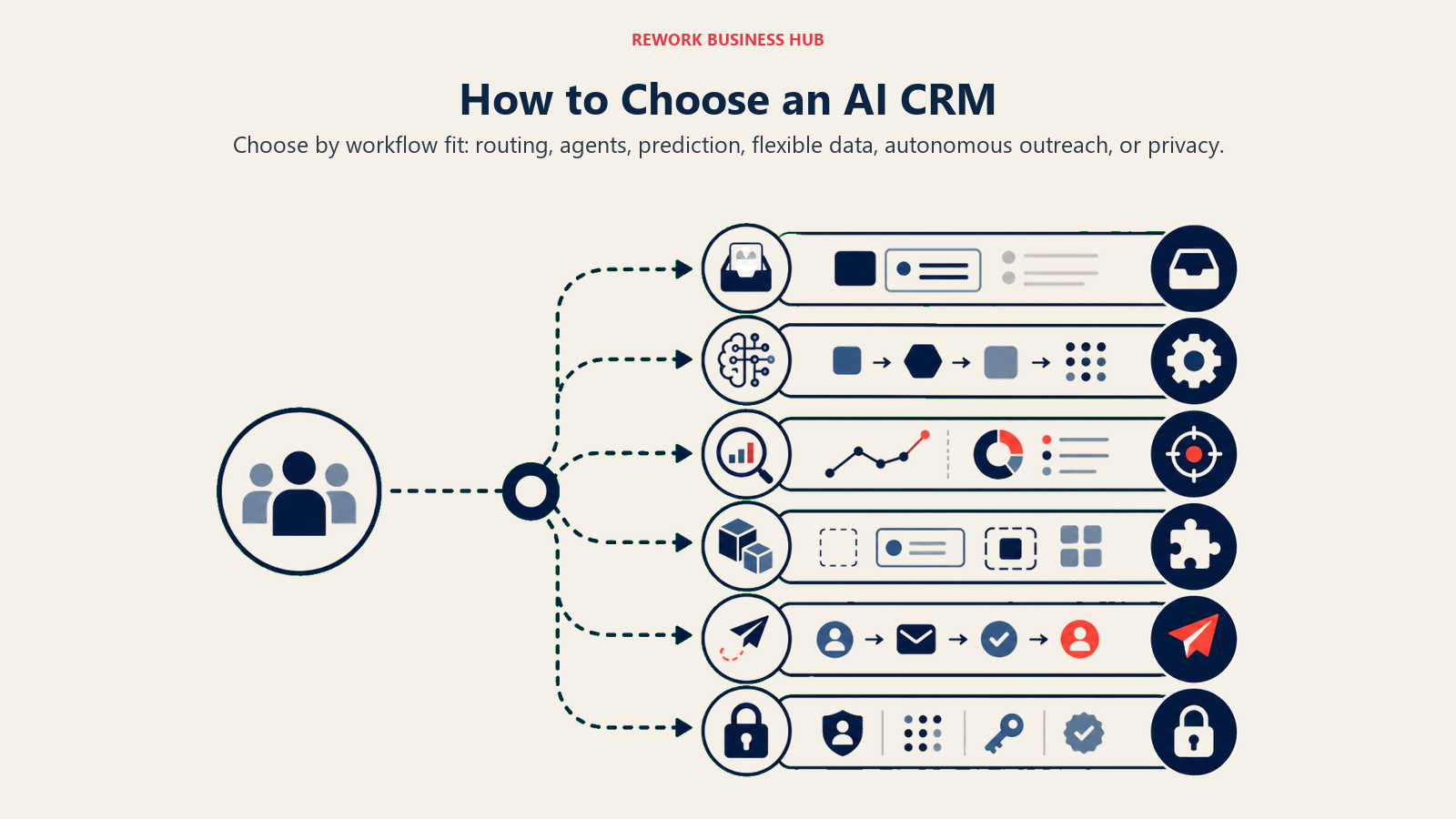 How to Choose an AI CRM illustrated as wide CRM choice matrix as six operating lanes