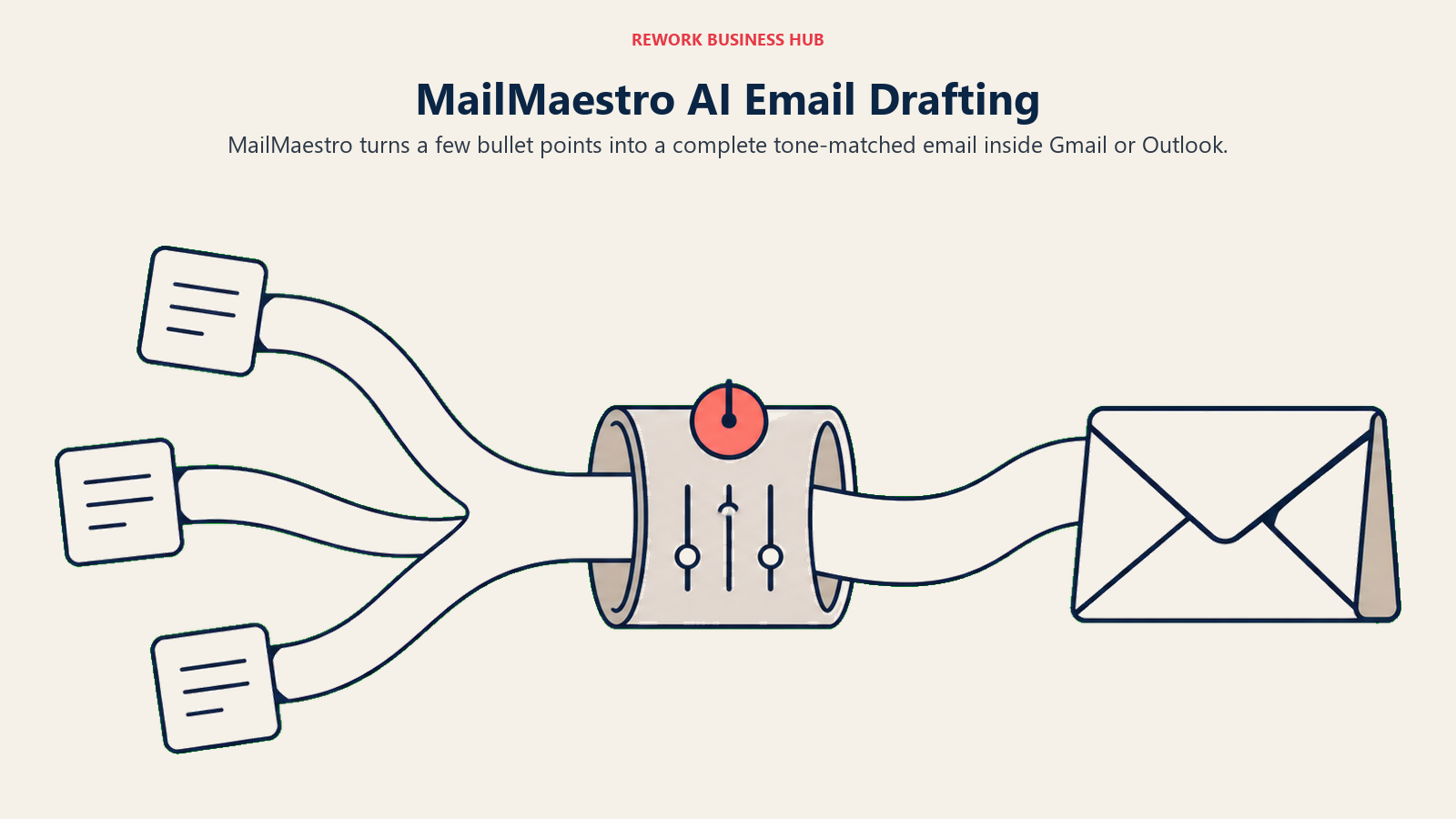 MailMaestro AI Email Drafting illustrated with bullet-to-email transformation ribbon