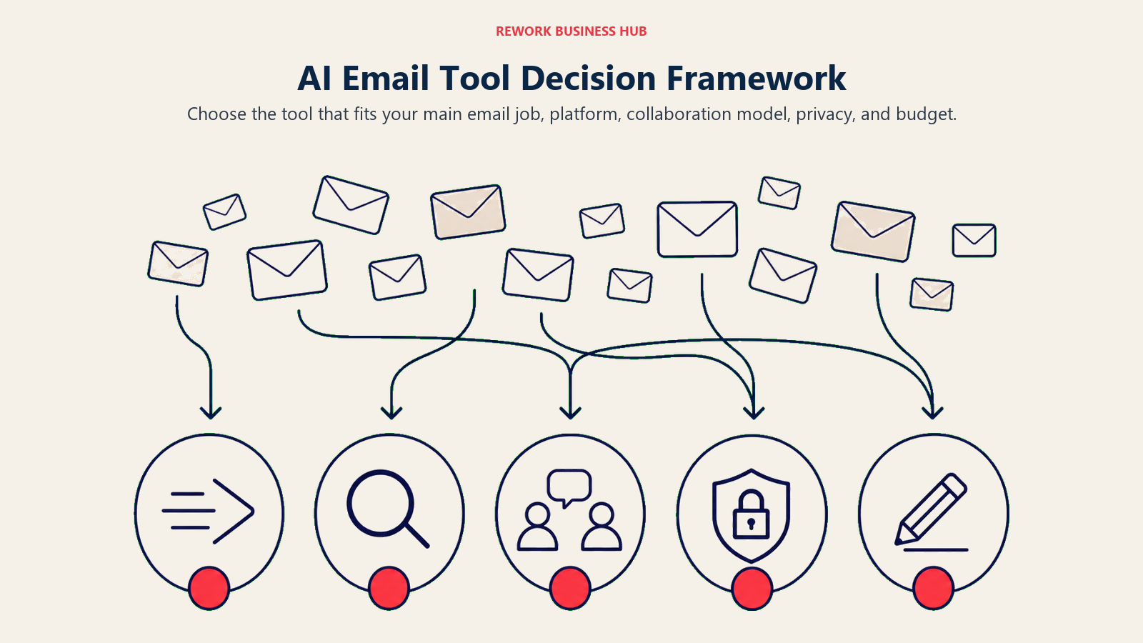 AI Email Tool Decision Framework illustrated with email job decision board