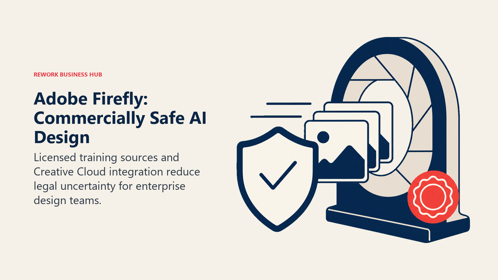 Adobe Firefly: Commercially Safe AI Design illustrated with licensed asset shield entering a creative tool