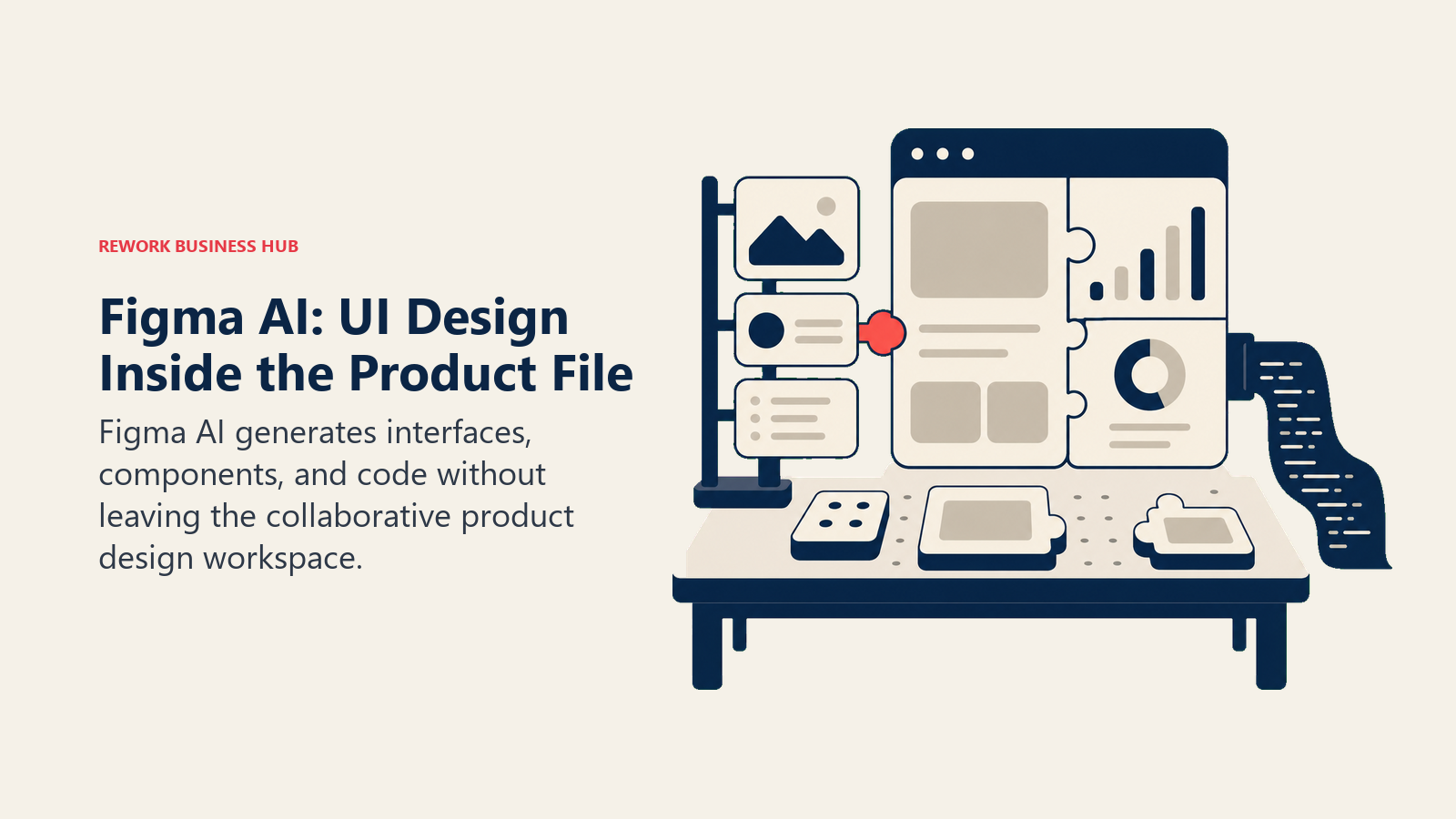 Figma AI: UI Design Inside the Product File illustrated with component assembly worktable