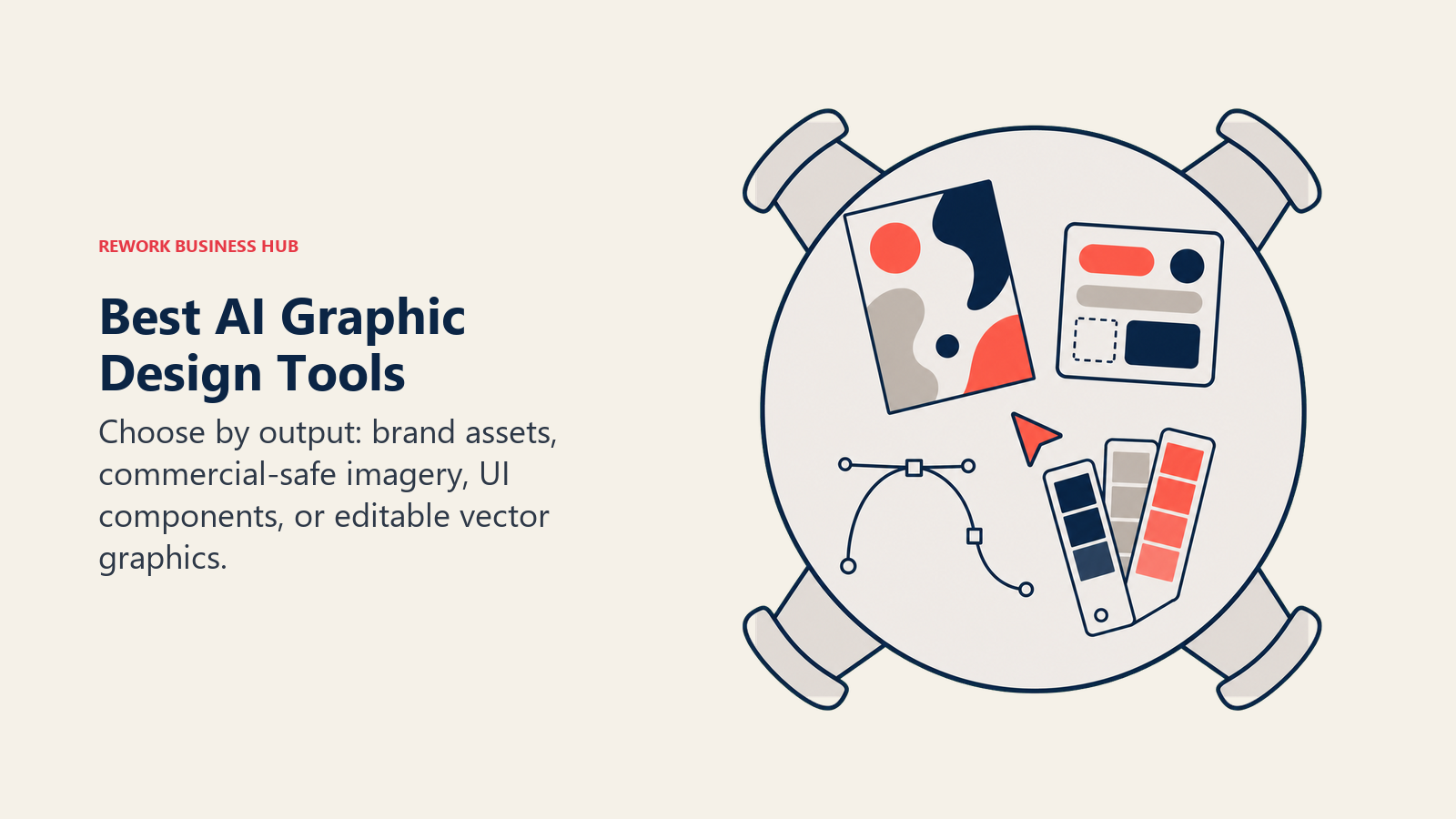 Best AI graphic design tools shown as a creative worktable with brand UI and editable vector deliverables