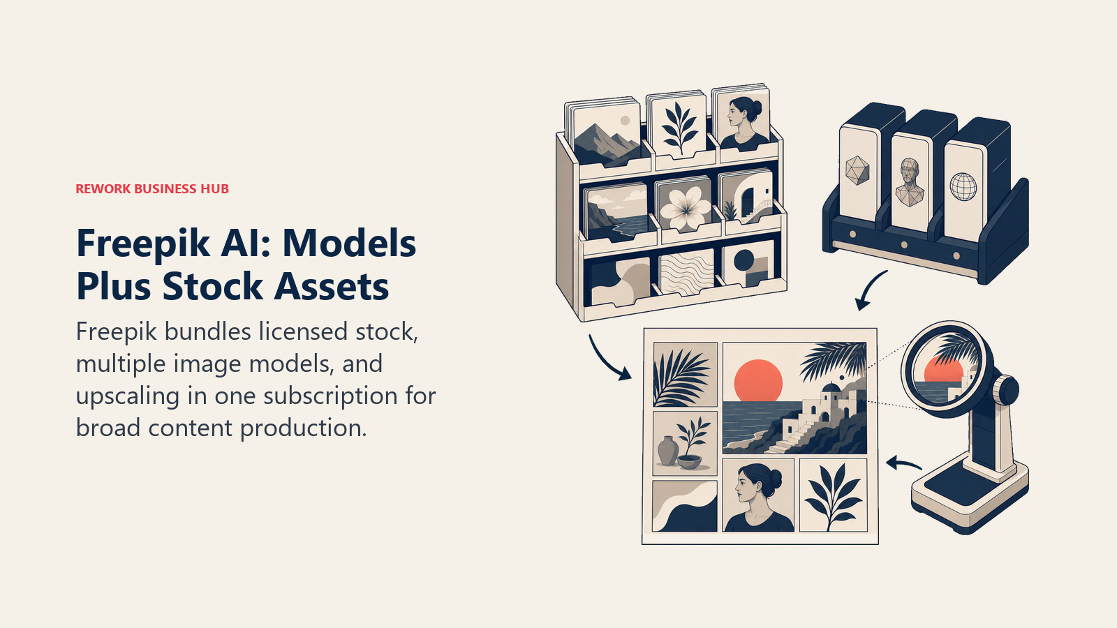 Freepik AI workbench combining stock assets, multiple models, and image upscaling