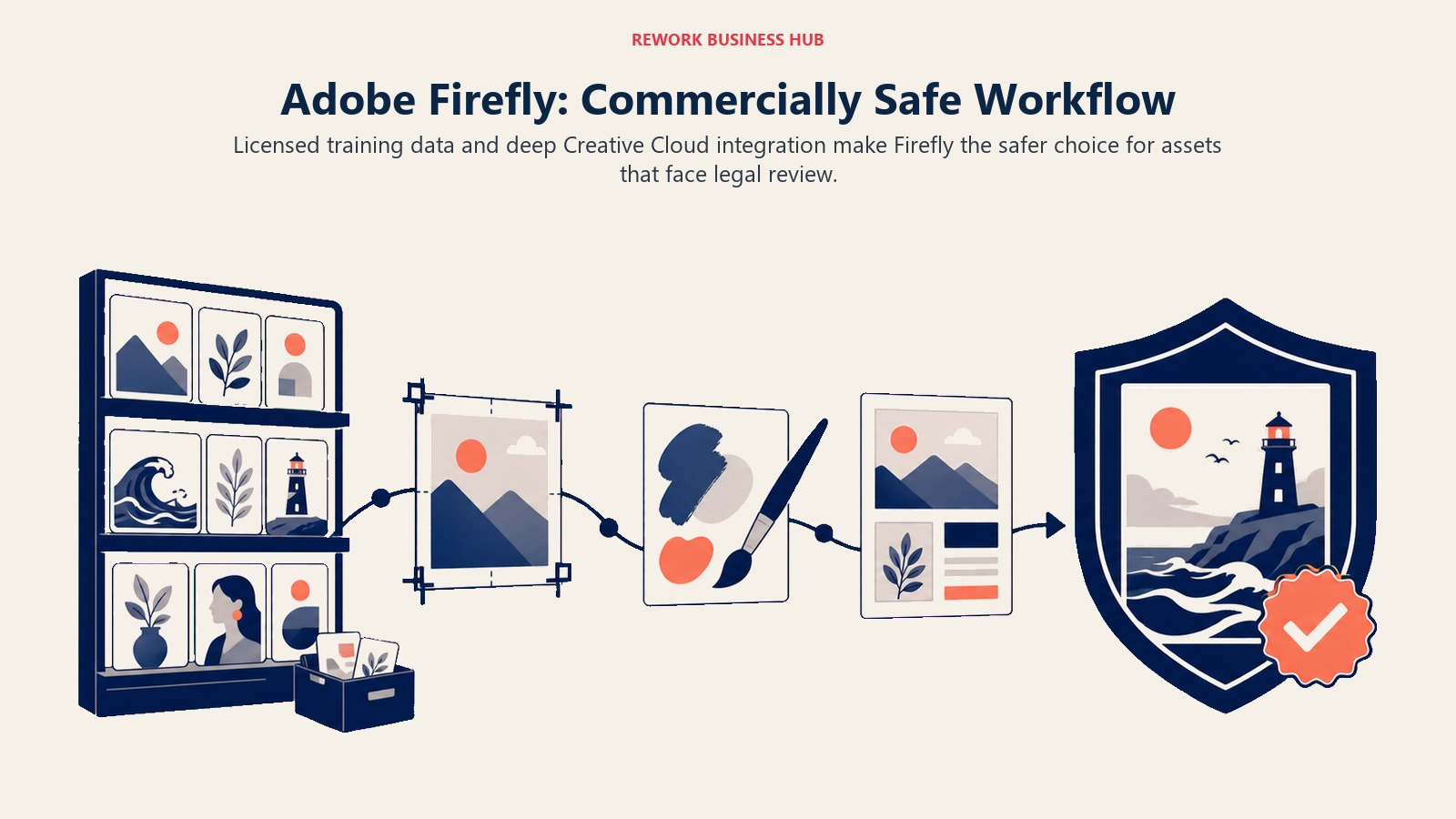 Adobe Firefly commercially safe image workflow from licensed assets to legal approval