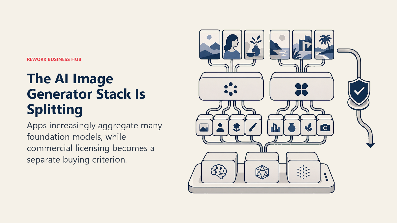 AI image generator stack splitting into foundation models, aggregator apps, and licensing