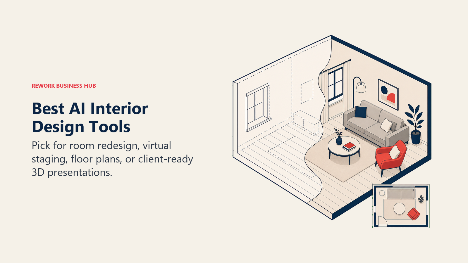 Best AI interior design tools shown as an empty room transforming into a furnished planned space