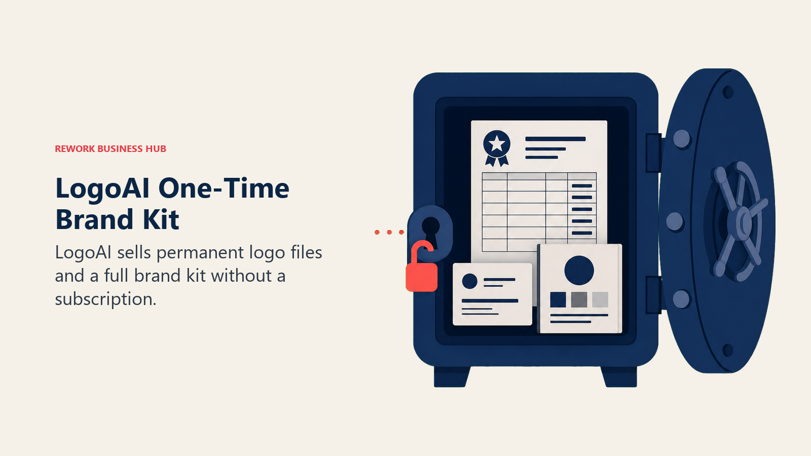 LogoAI One-Time Brand Kit shown as single payment token unlocking a permanent brand vault