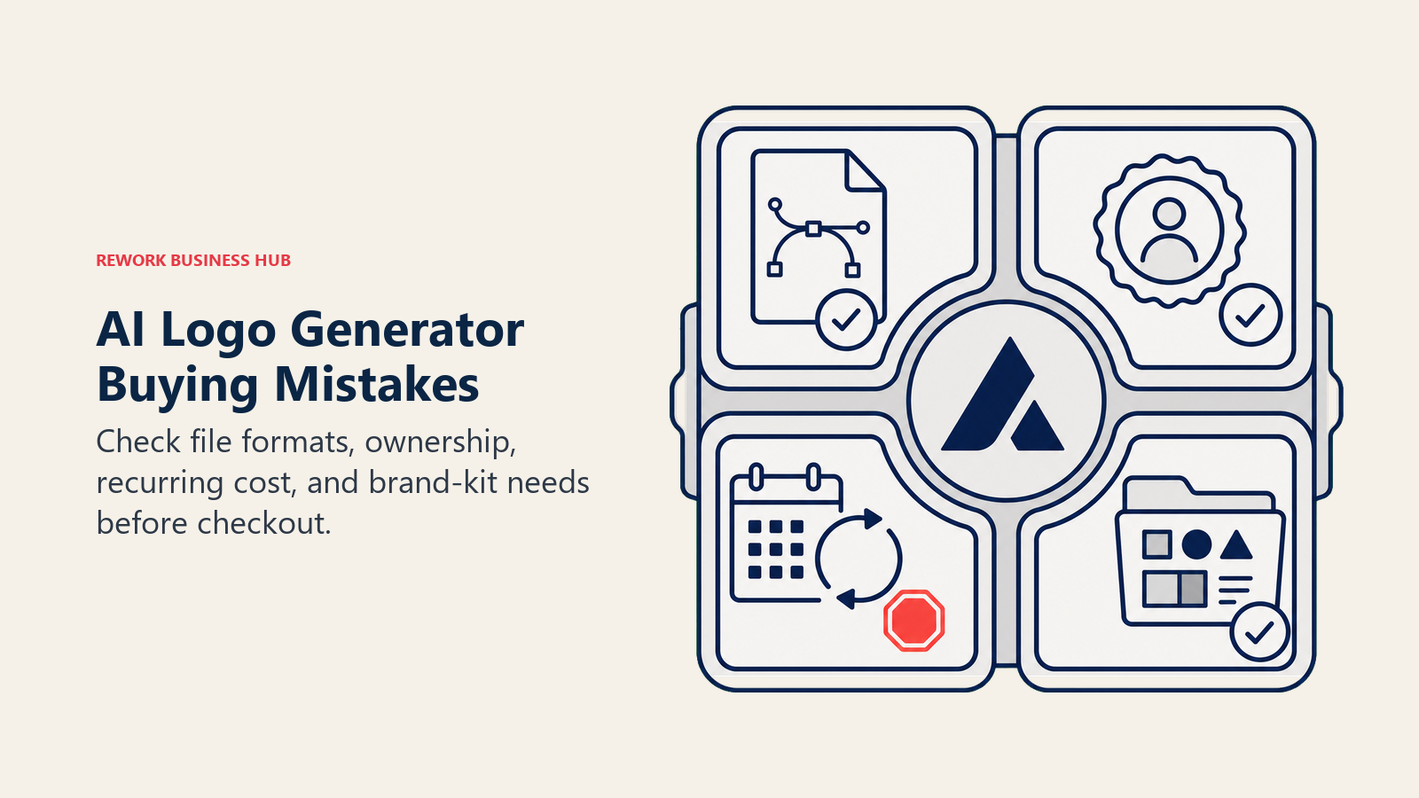 AI Logo Generator Buying Mistakes shown as preflight inspection tray for logo purchase risks