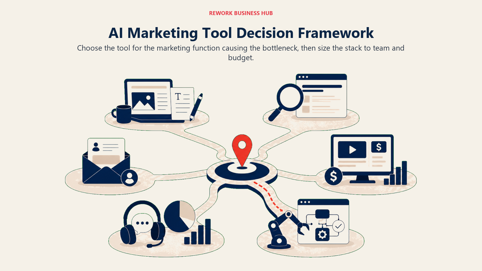 AI marketing tool decision framework shown as a map of content, search, paid media, email, listening, and automation