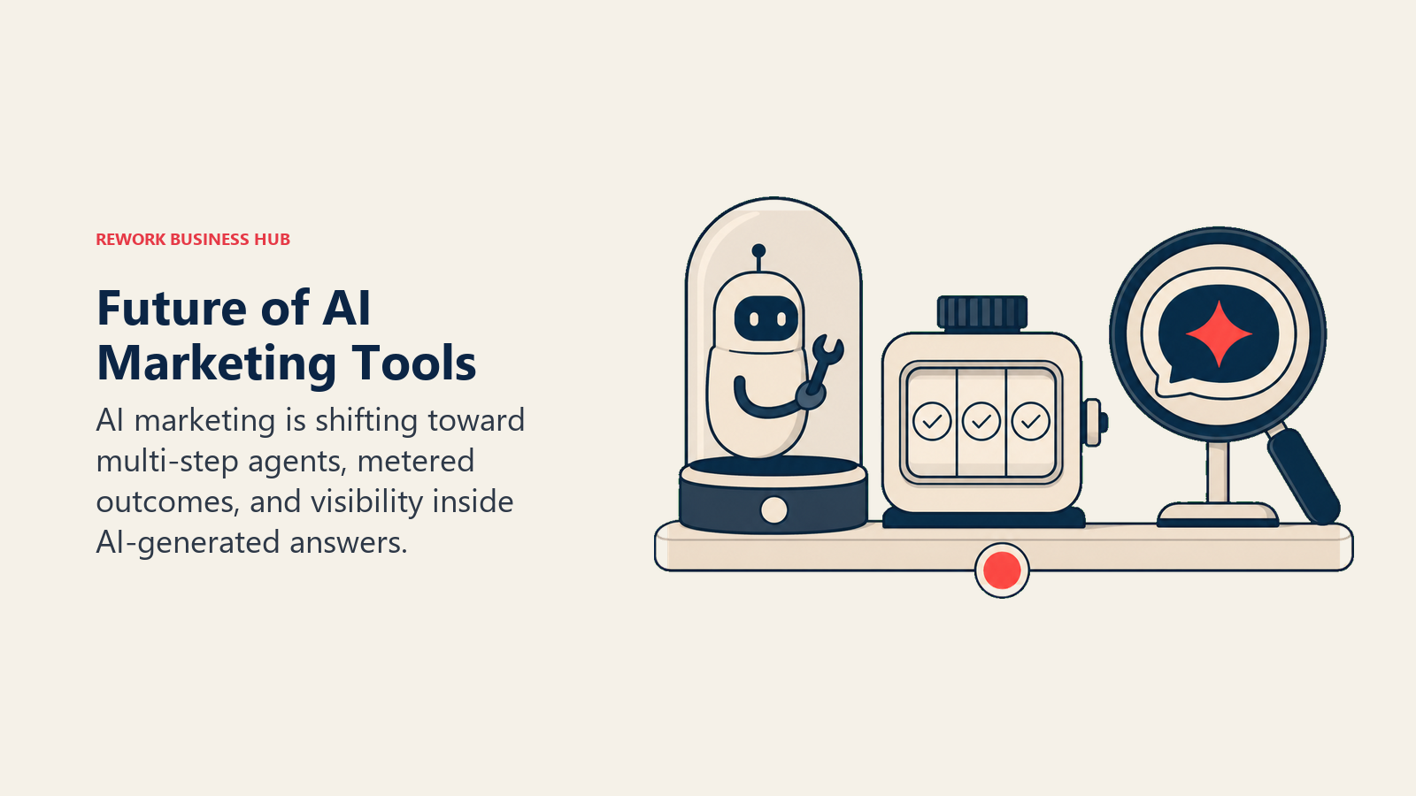 Future of AI marketing tools shown as an agent capsule, usage meter, and answer-visibility lens