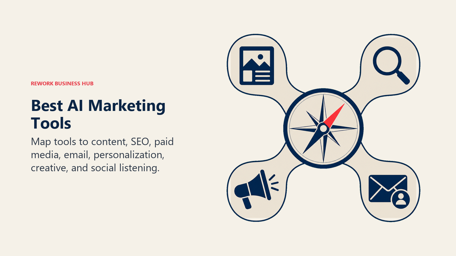 Best AI marketing tools shown as a campaign compass choosing among content, search, paid, and lifecycle channels