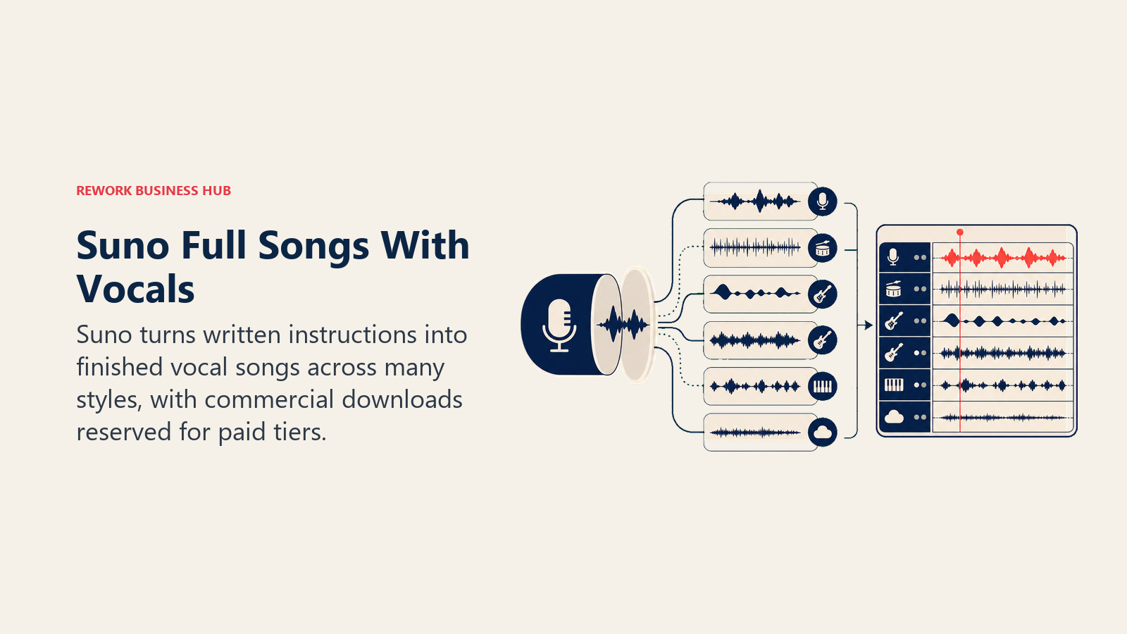 Suno Full Songs With Vocals illustrated as vocal song capsule opening into a multitrack studio