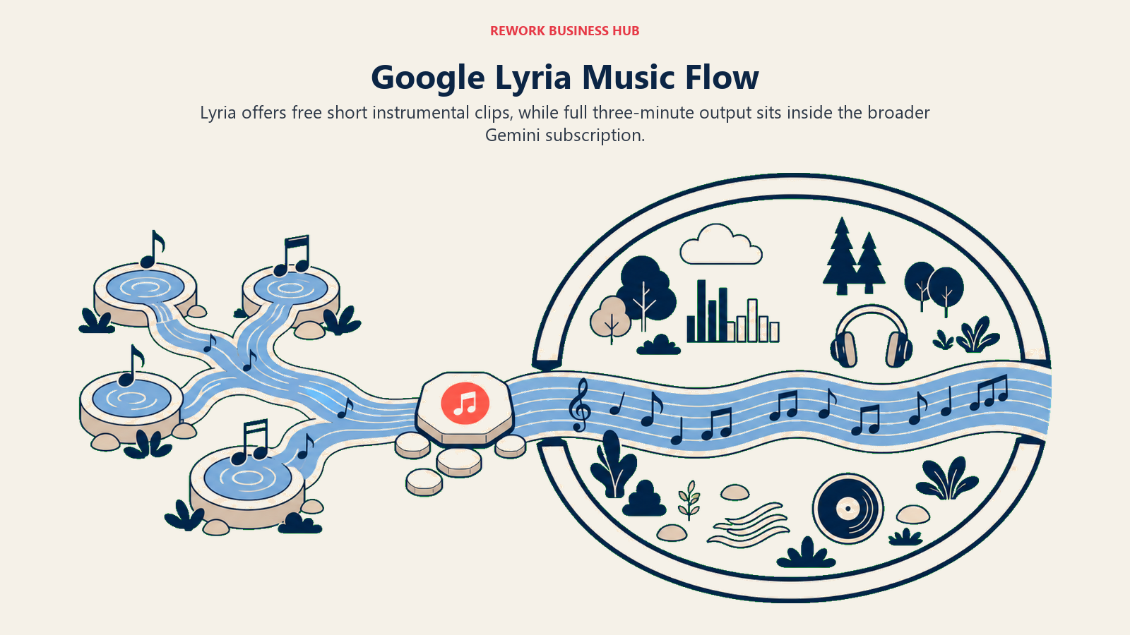 Google Lyria Music Flow illustrated as wide river of short clips flowing toward a longer composition
