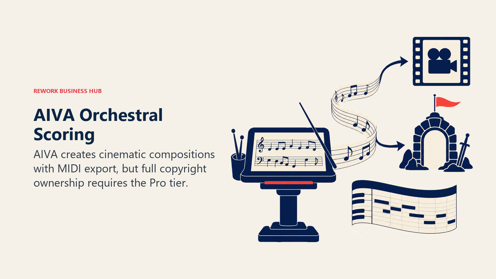 AIVA Orchestral Scoring illustrated as conductor desk shaping score into film and game scenes