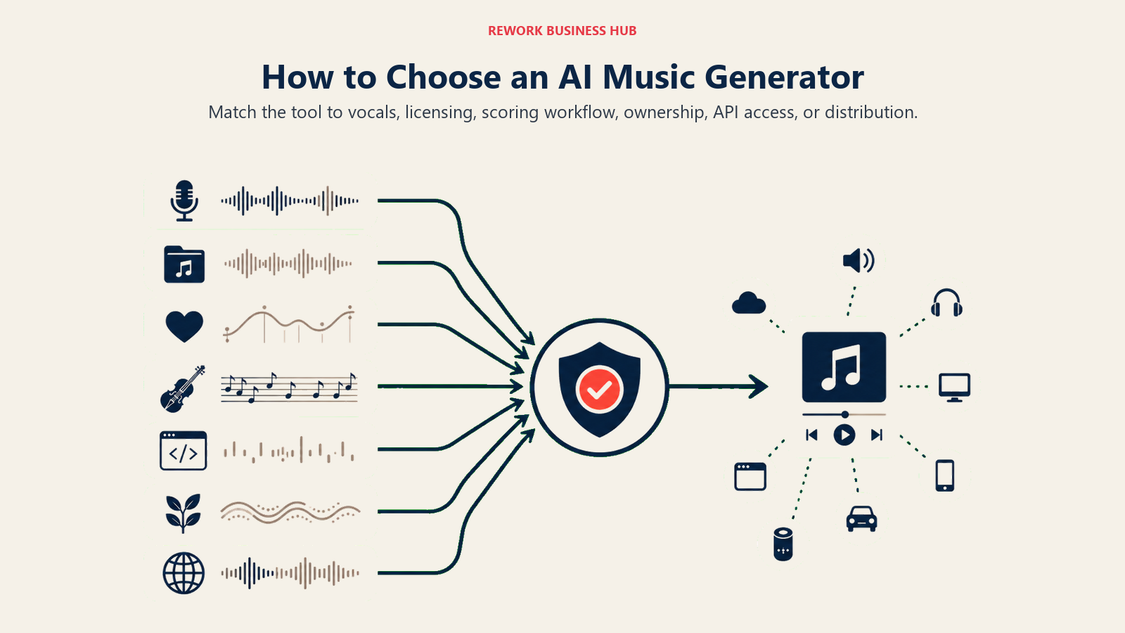 How to Choose an AI Music Generator illustrated as wide music decision stage with licensing checkpoint