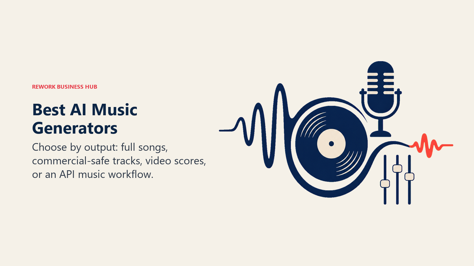 Best AI music generators shown as a waveform becoming a record, microphone, and production stems
