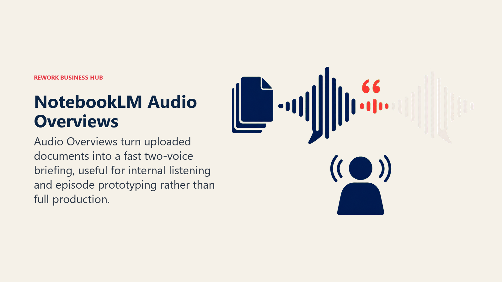 NotebookLM Audio Overviews illustrated as document stack unfolding into two conversational sound waves