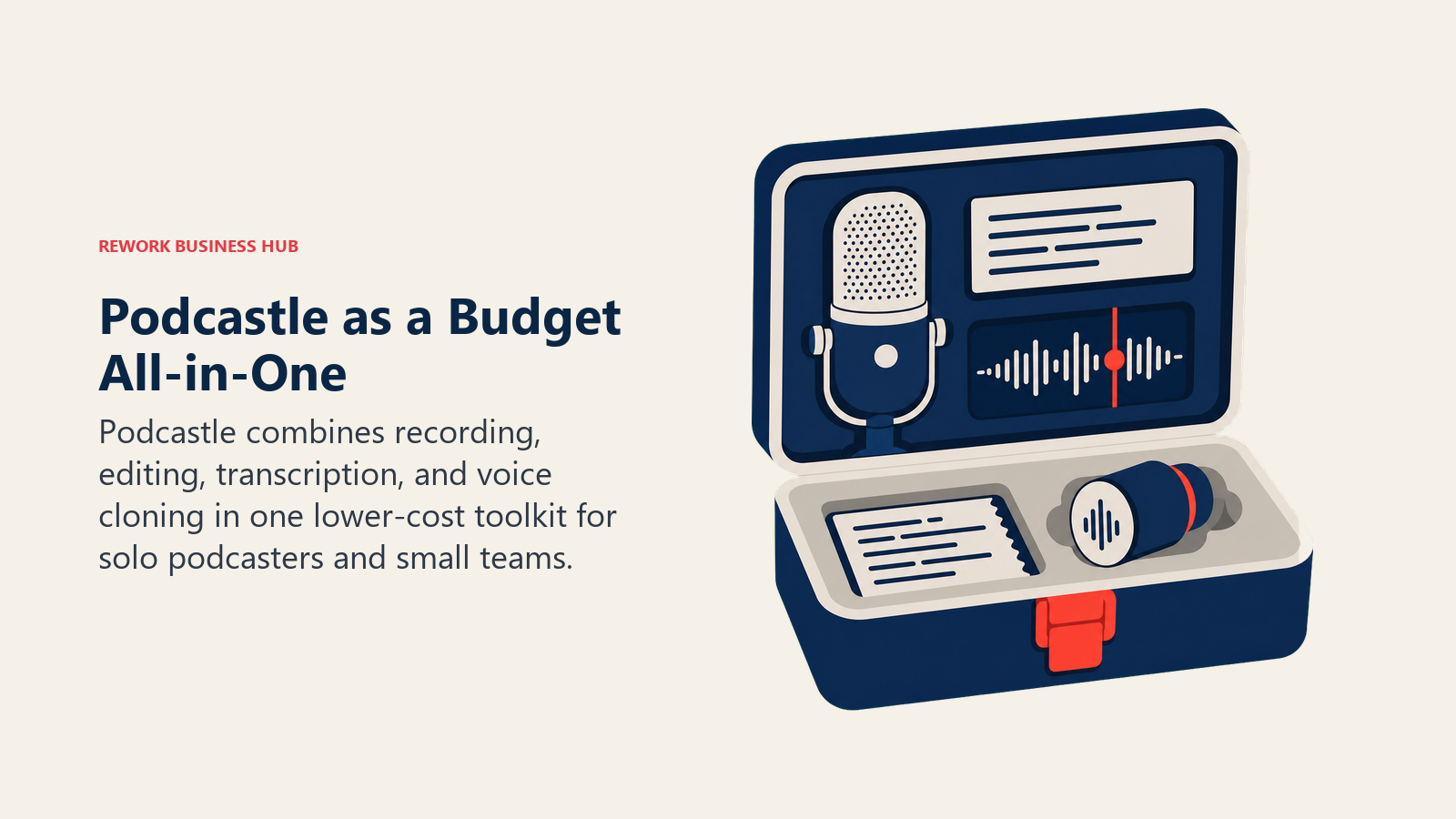 Podcastle Async All-in-One Studio illustrated as small open toolbox holding microphone, transcript, and edit controls