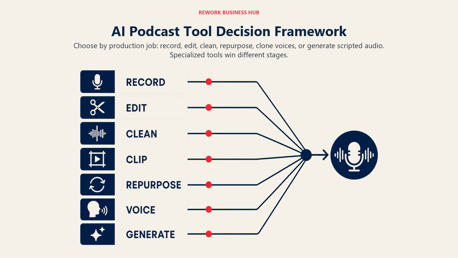 Choose the Right AI Podcast Tool illustrated as seven job lanes converging on a production path