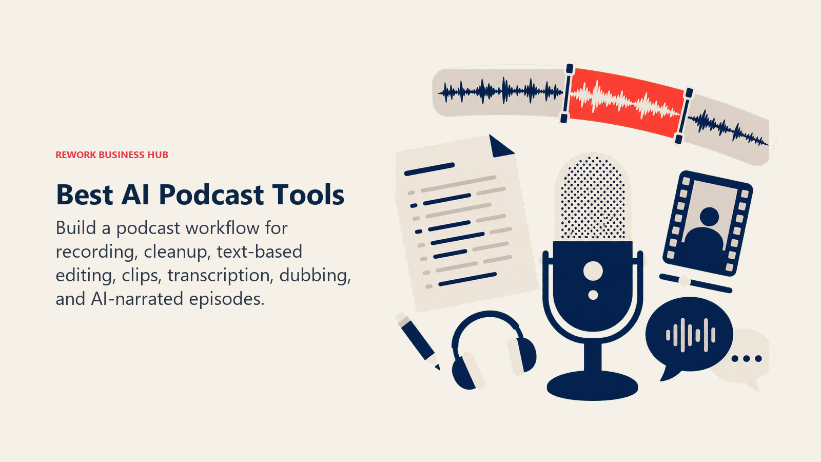 Best AI podcast tools shown as a studio microphone with waveform editing, transcription, clips, and dubbing artifacts