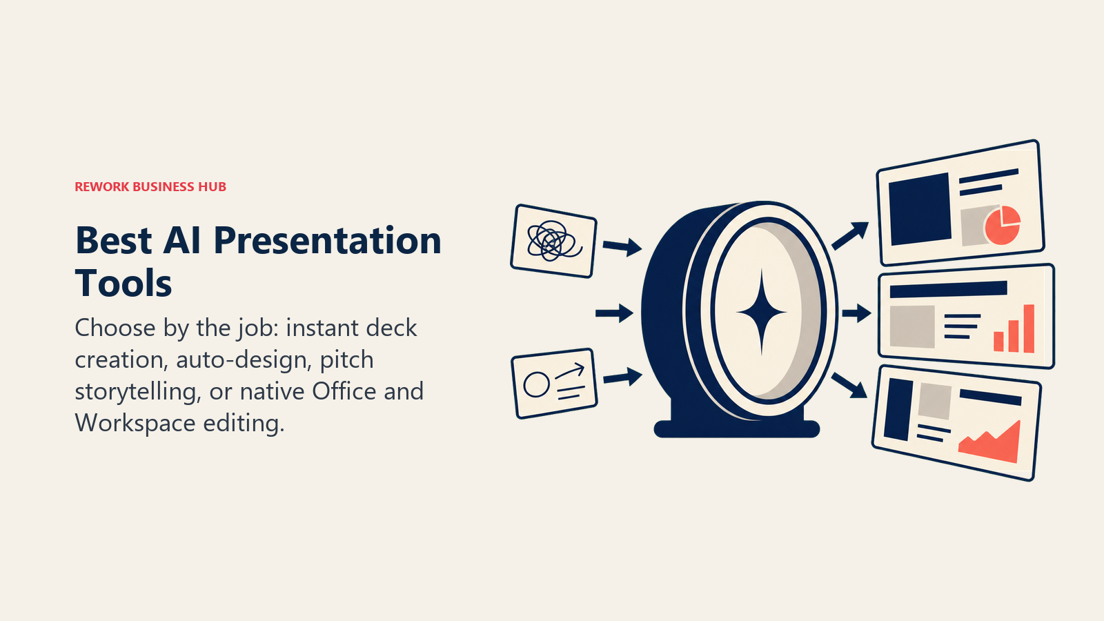Best AI presentation tools illustrated by a projector lens turning rough ideas into polished presentation slides