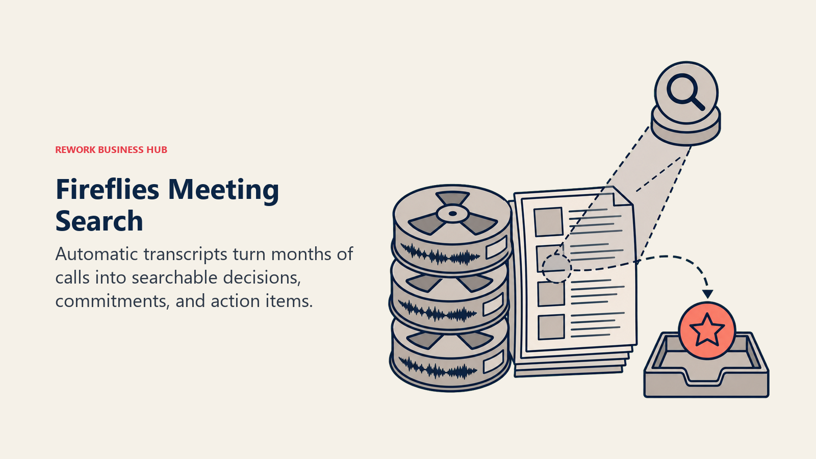 Fireflies Meeting Search illustrated with stacked audio transcript reels with a search beacon finding one past commitment