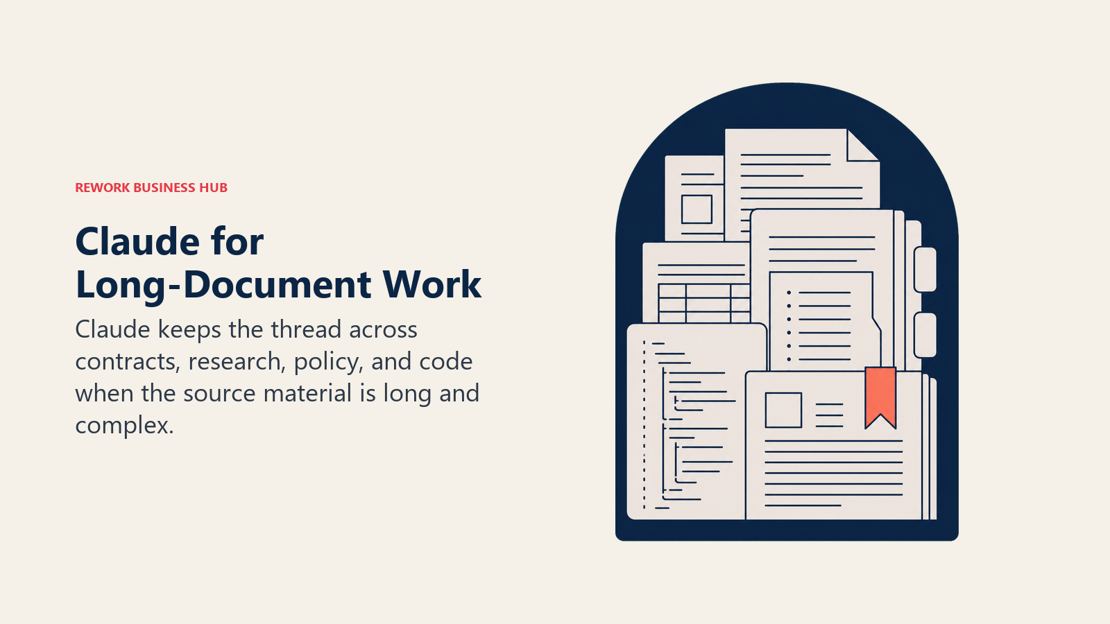 Claude for Long-Document Work illustrated with a deep reading window holding many long pages while extracting one coherent brief
