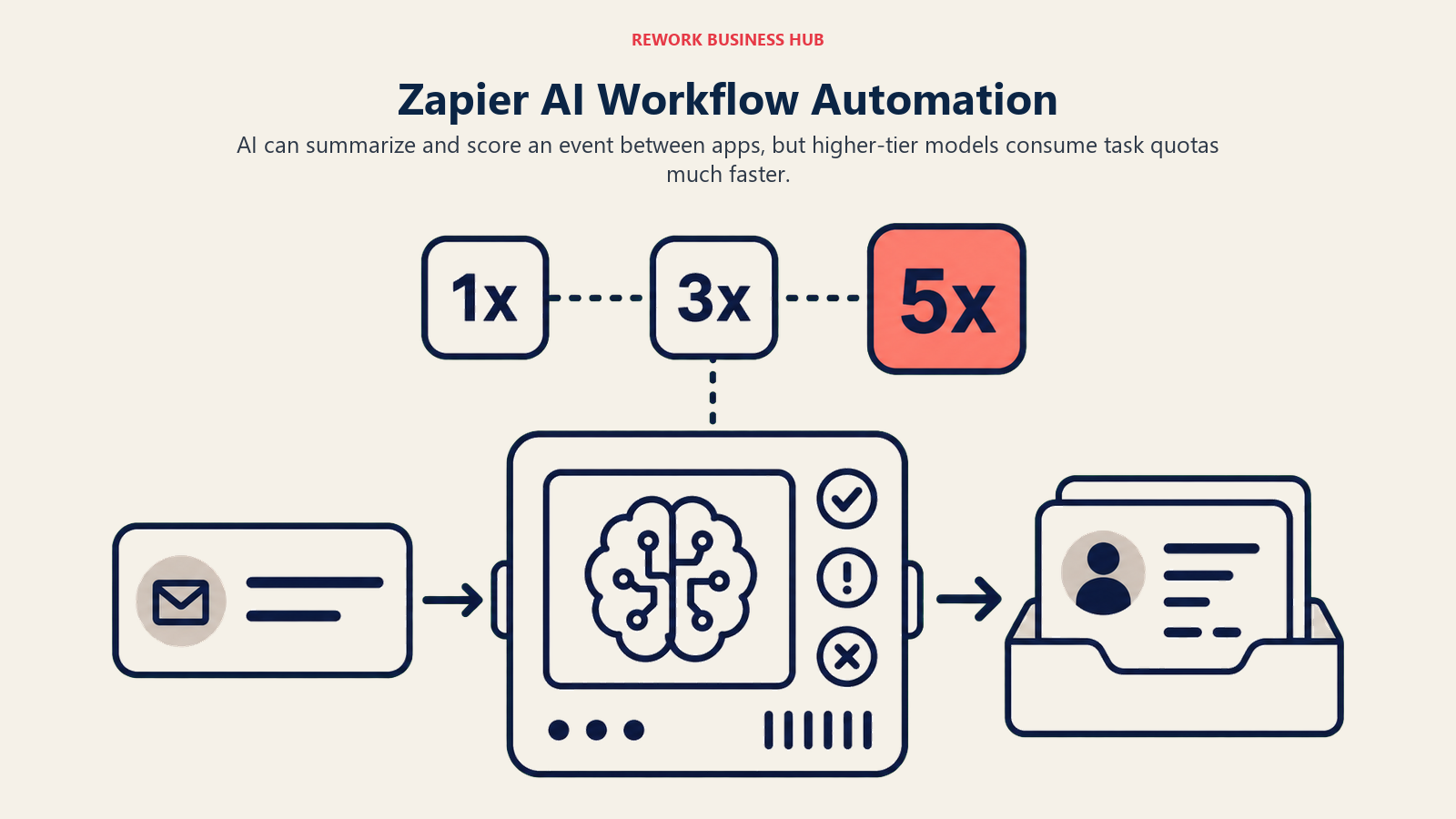 Zapier AI Workflow Automation illustrated with a wide app-to-app conveyor with one AI inspection step and three quota-weighted exits