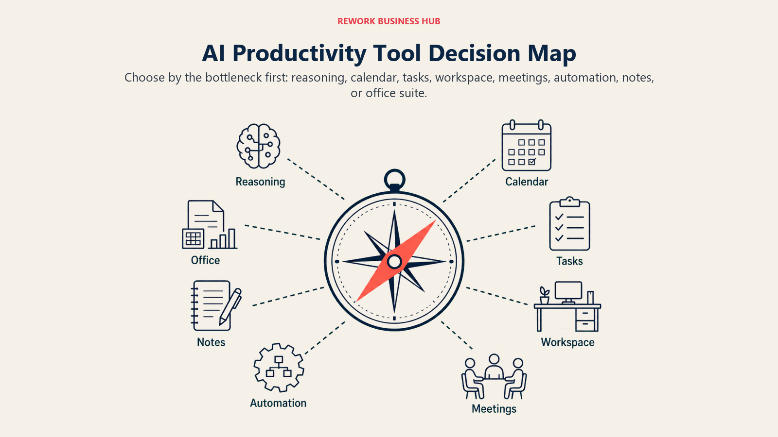 AI Productivity Tool Decision Map illustrated with a wide decision compass routing eight productivity needs toward distinct tool families