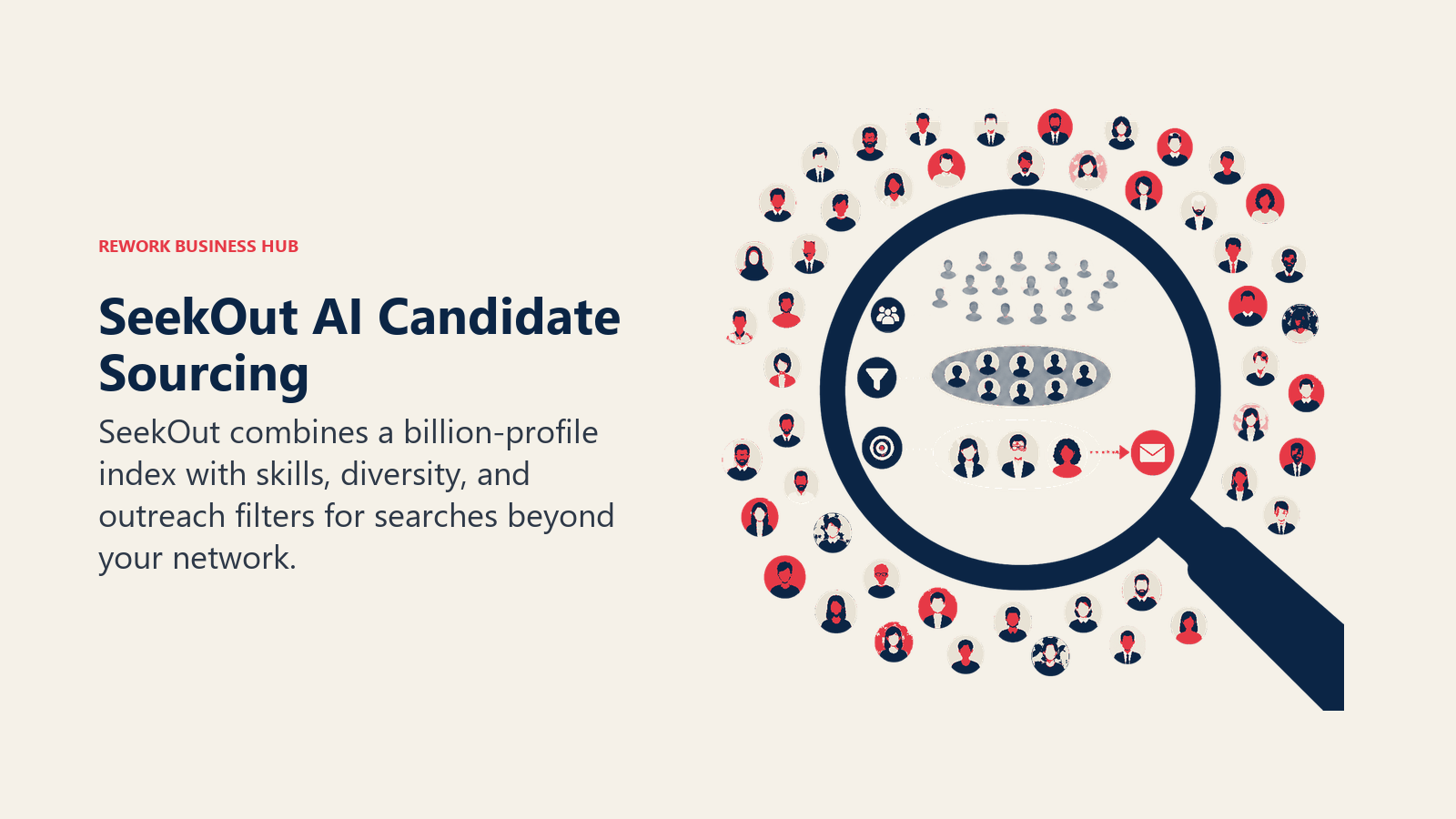 SeekOut AI Candidate Sourcing shown as deep search lens over a vast profile field