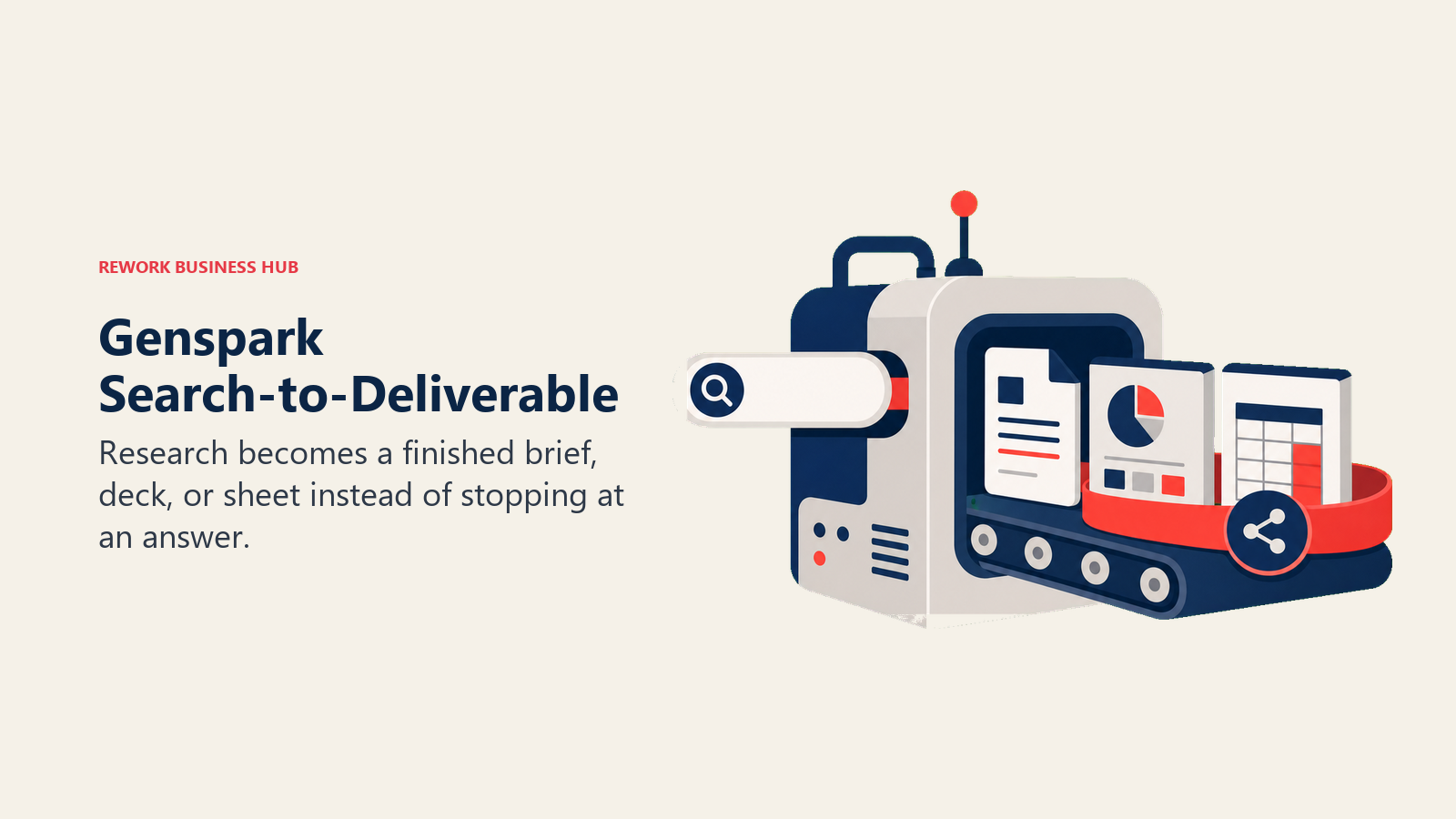 Genspark Search-to-Deliverable illustrated as query entering a machine and emerging as a brief, deck, and sheet