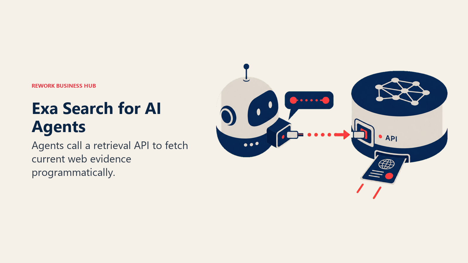 Exa Search for AI Agents illustrated as agent pod exchanging a query and fresh evidence through an API socket