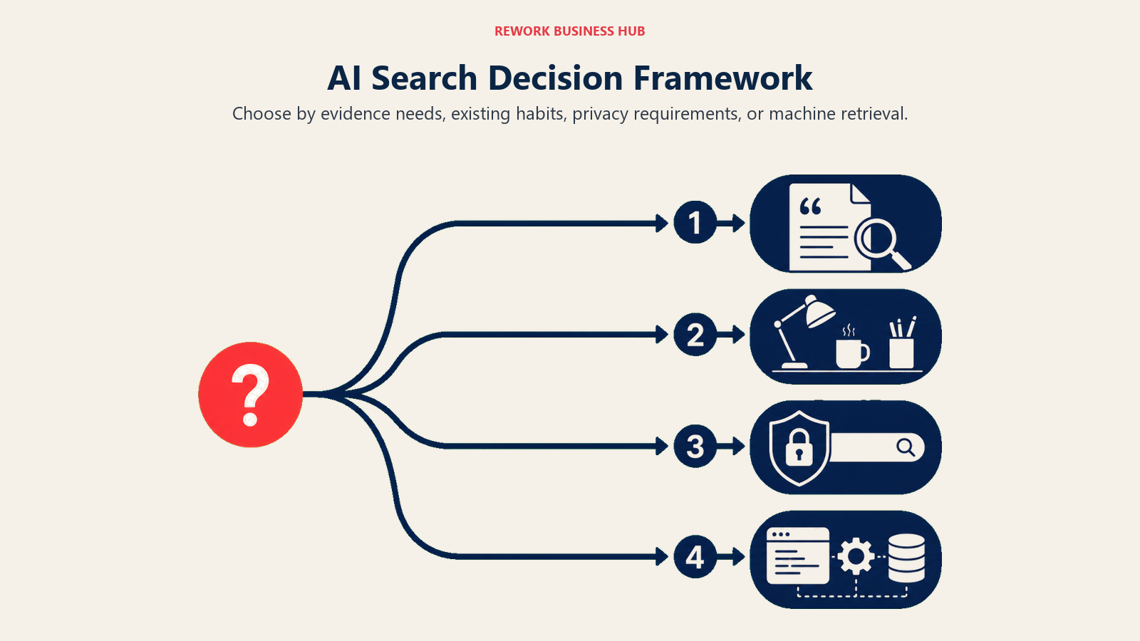 AI Search Decision Framework illustrated as four-lane buyer choice map for cited, familiar, private, and agent search