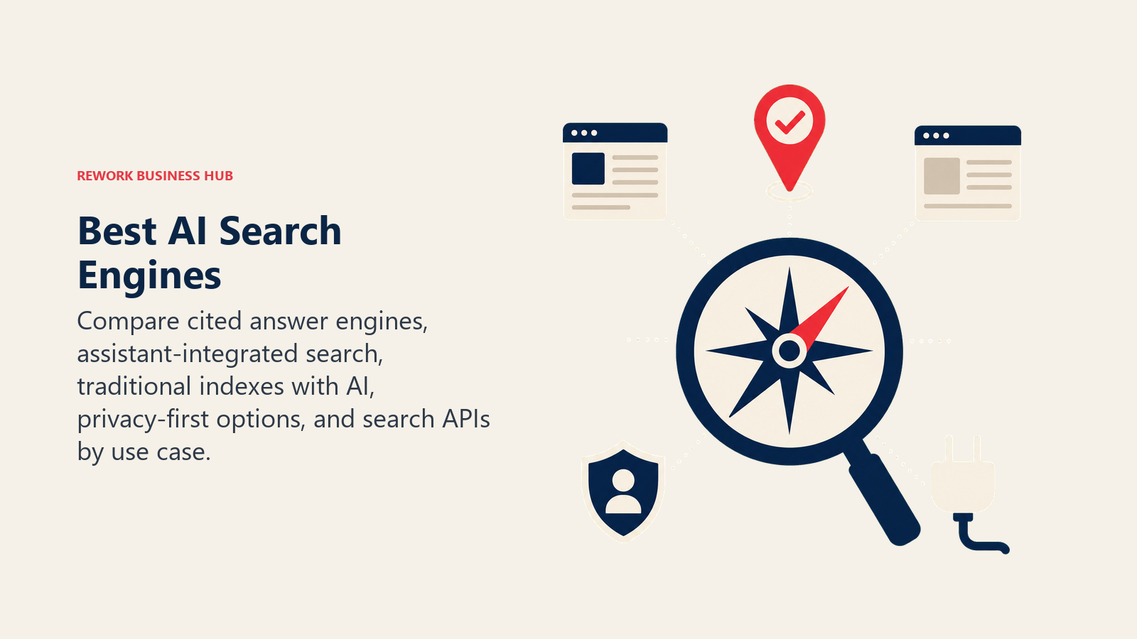 Best AI search engines shown as a source compass navigating cited web pages, privacy controls, and search APIs