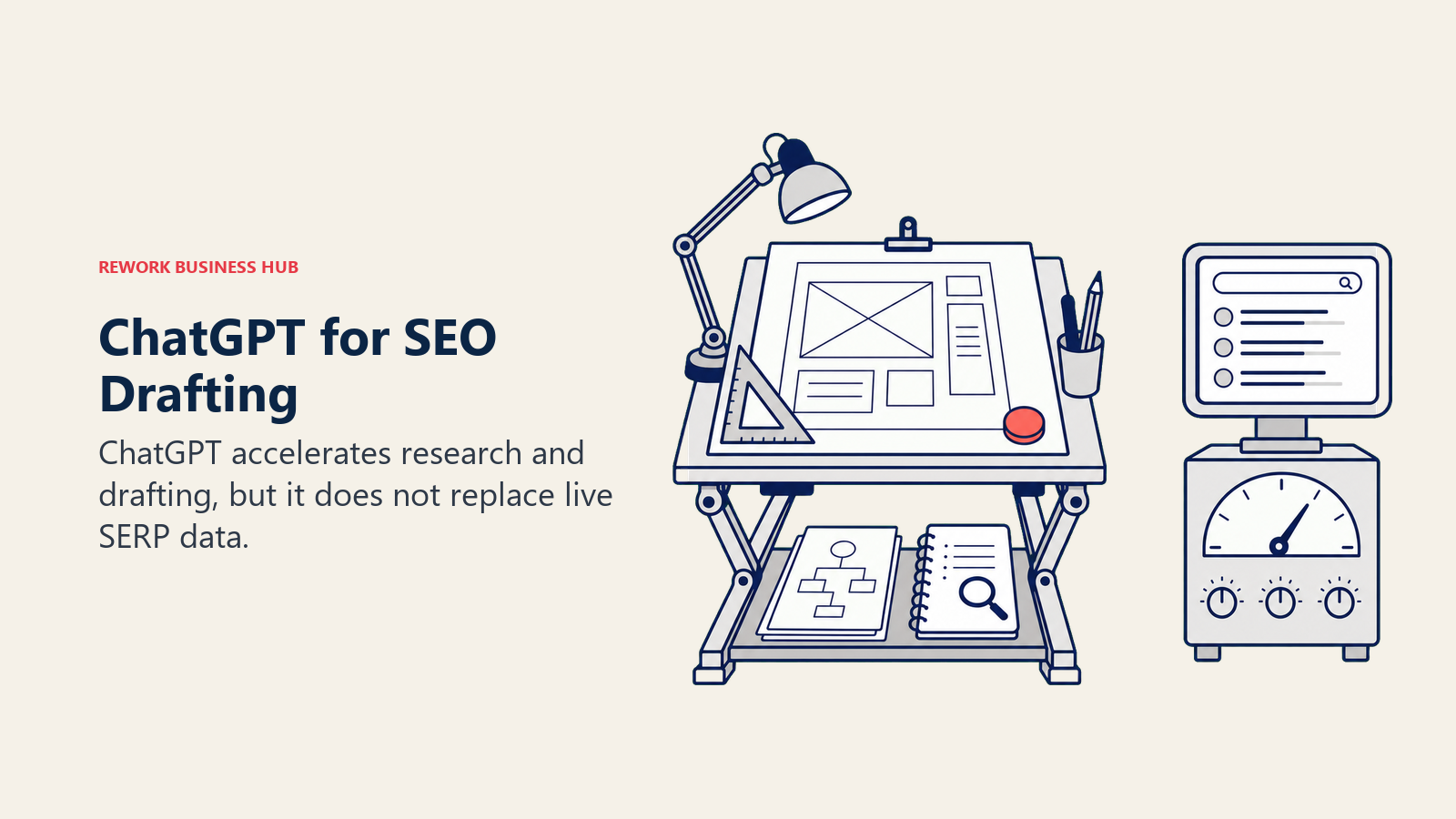 ChatGPT for SEO Drafting shown as flexible drafting workbench beside a separate data instrument