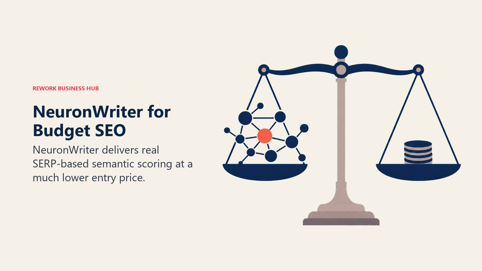 NeuronWriter for Budget SEO shown as balanced scale with semantic map and small coin stack
