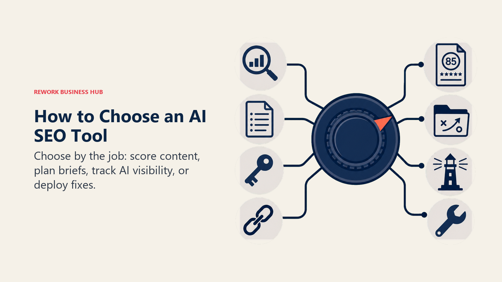 How to Choose an AI SEO Tool shown as four-way selector lens