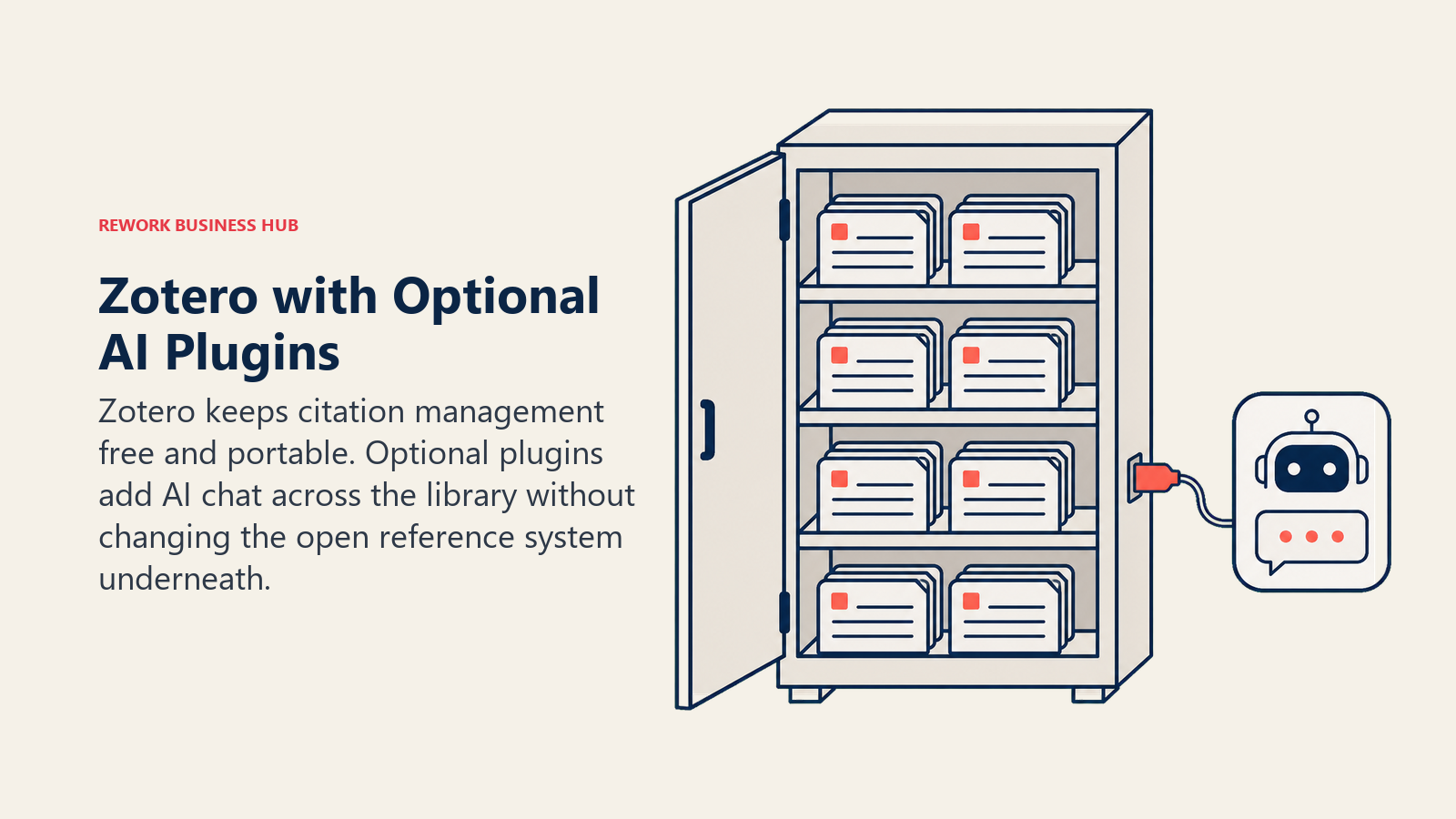 Zotero Reference Library with Optional AI illustrated as open citation cabinet with detachable plugin pod