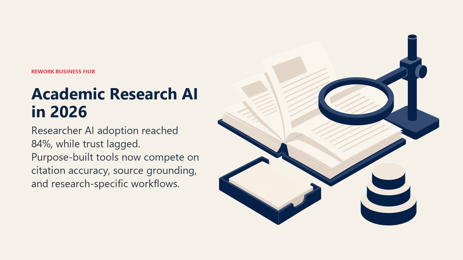 Academic Research AI in 2026 illustrated as paper stack through a citation lens beside three tier tokens