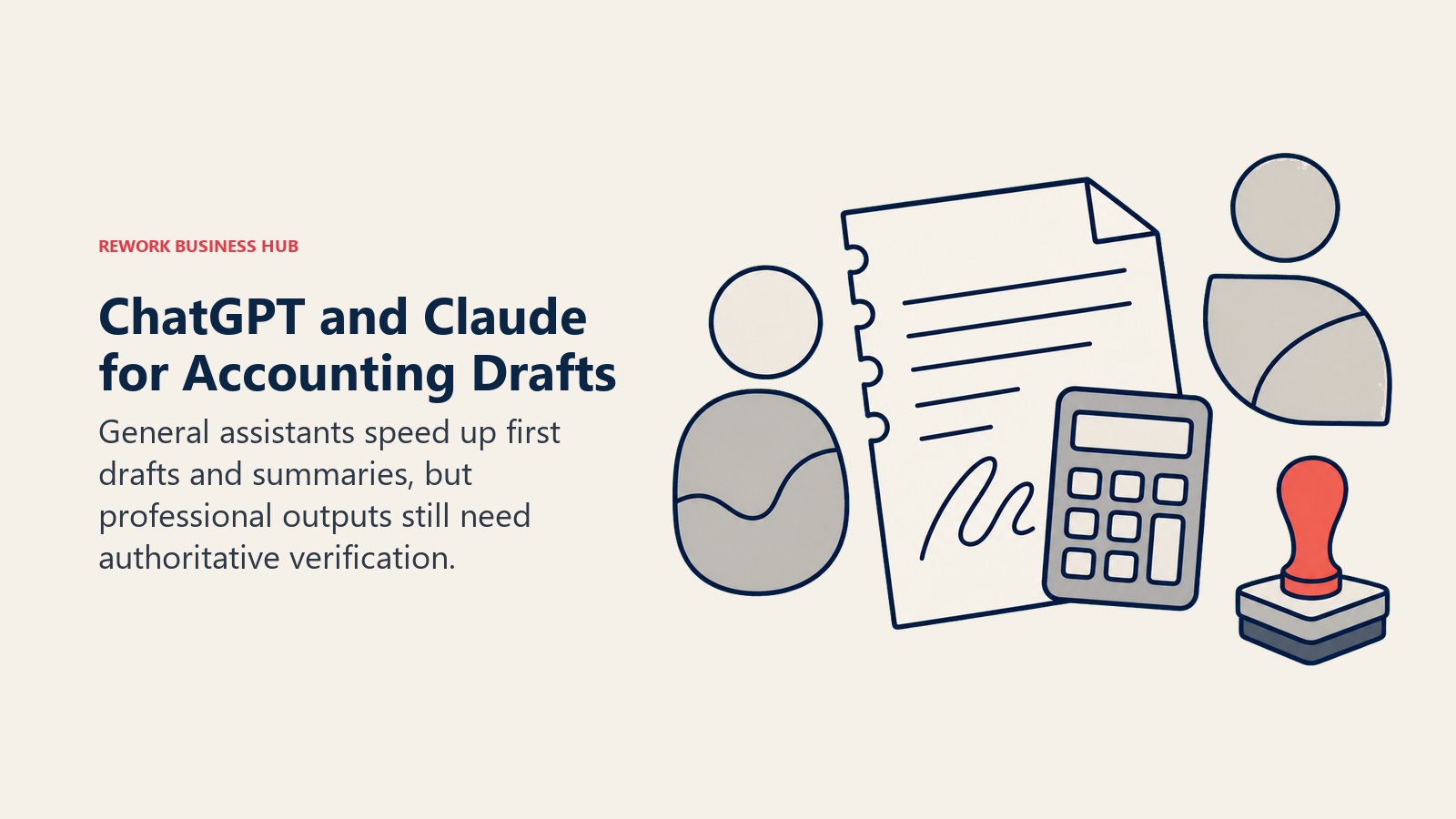 ChatGPT and Claude for Accounting Drafts illustrated with two distinct assistant tokens beside a draft memo, calculator, and verification stamp