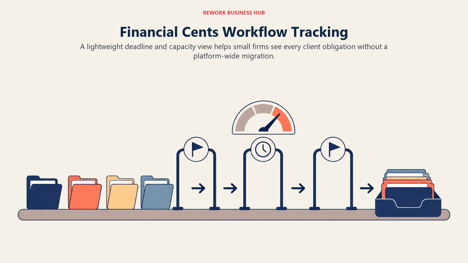 Financial Cents Workflow Tracking illustrated with a wide row of client folders moving through dated checkpoints into an orderly completion tray
