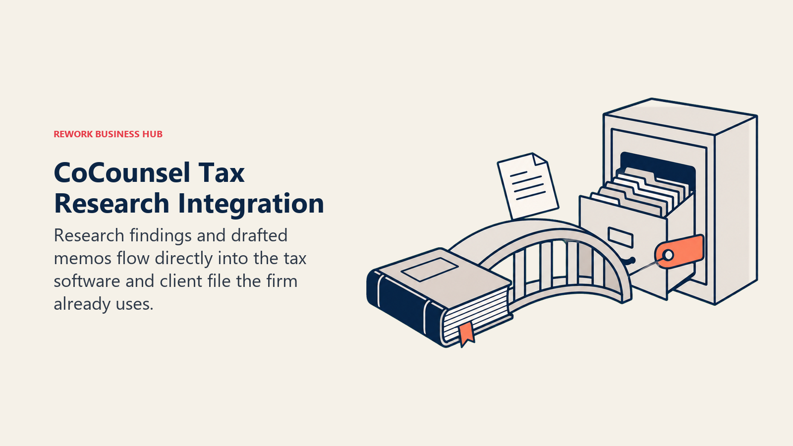 CoCounsel Tax Research Integration illustrated with a research book crossing a bridge directly into an organized client tax file